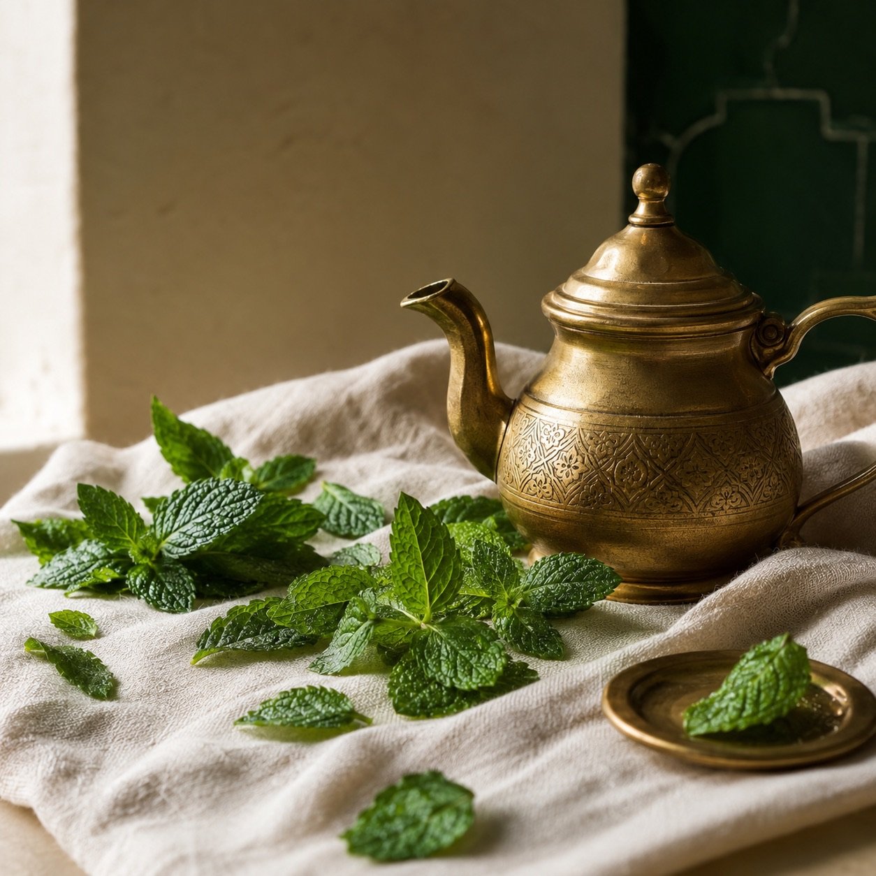 Feuilles de menthe fraîche disposées près d'une théière traditionnelle