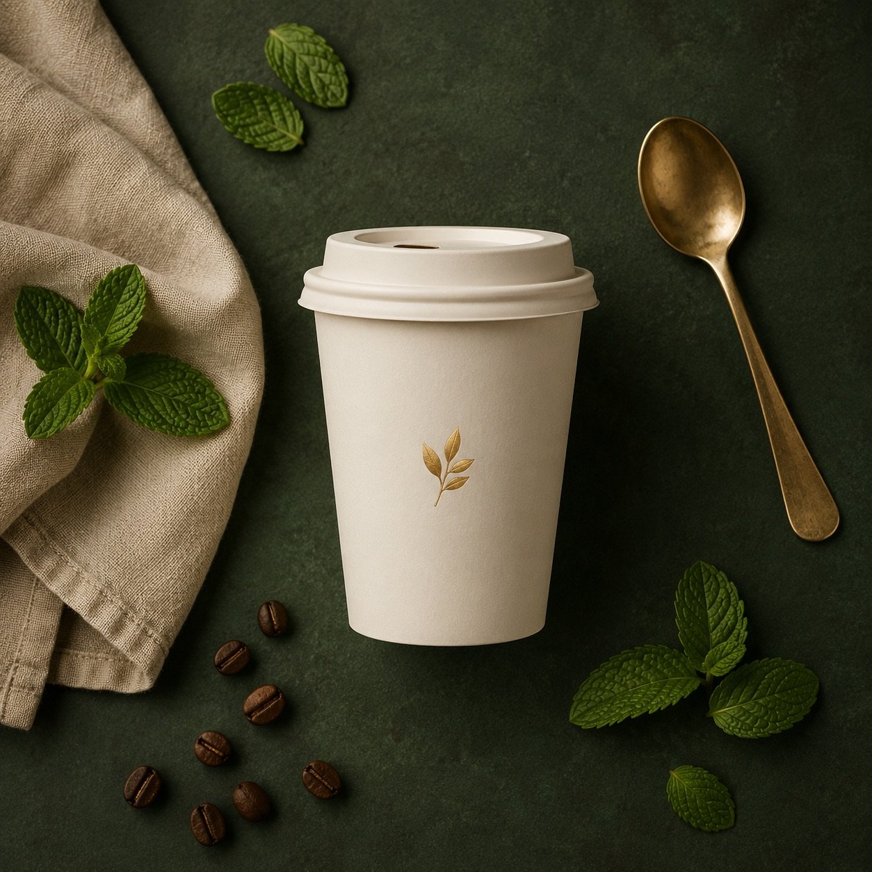 Identité visuelle Calmenthe : tasses et packaging à la couleur dorée de la marque