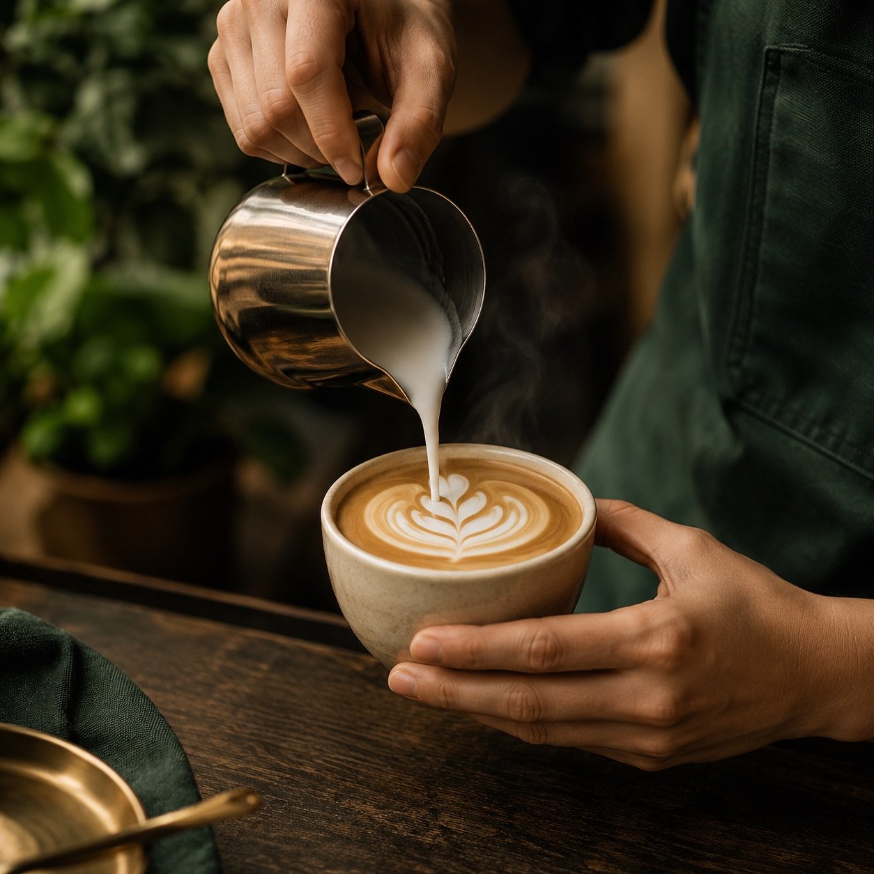 Préparation d'un café par un barista, gros plan sur la tasse et la mousse de lait