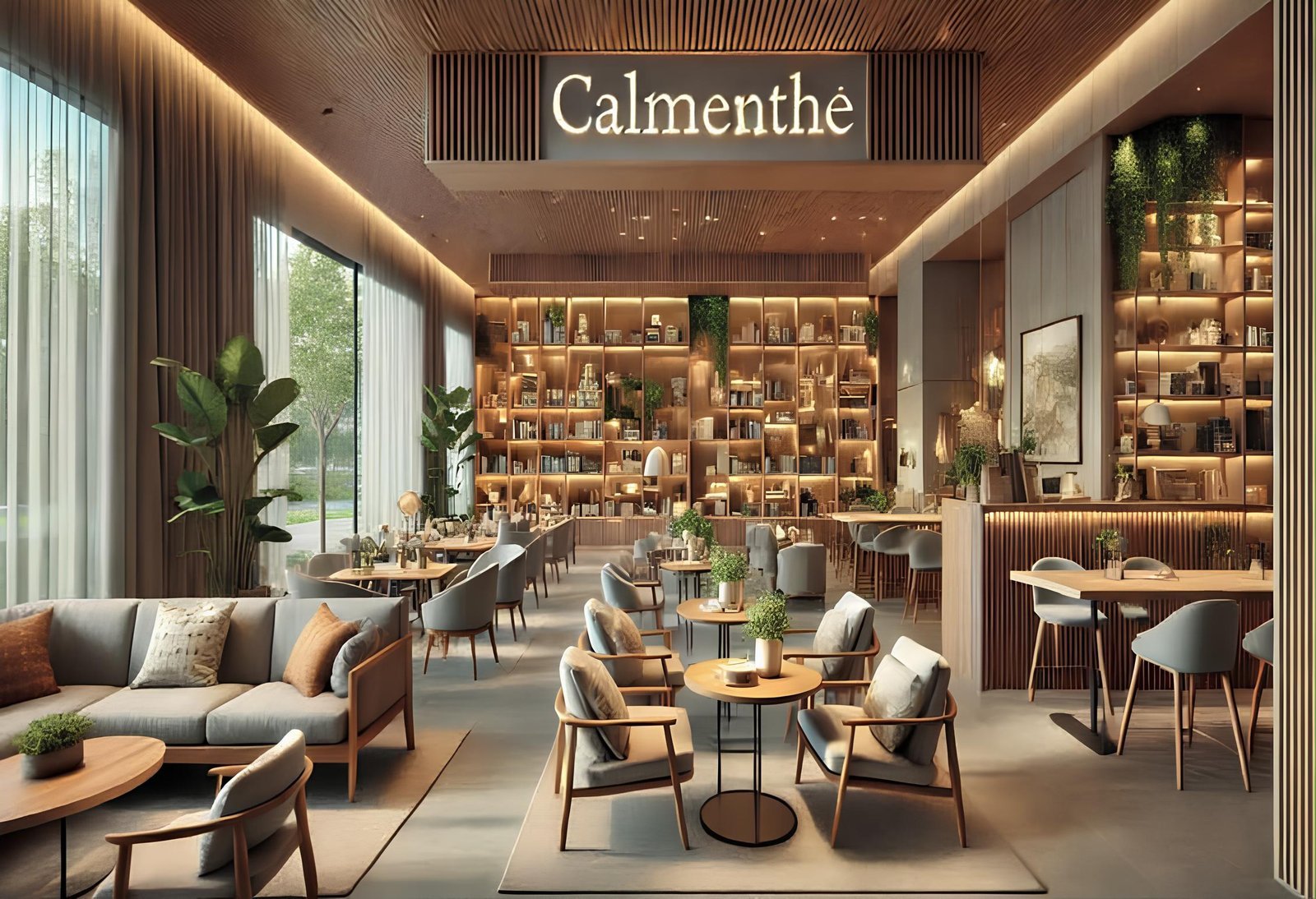 Intérieur du café Calmenthe : coin salon en bois clair, plantes vertes et bibliothèque éclairée pour lire et travailler au calme